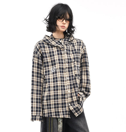 THETLSTUDIO OV original American vintage plaid casual hooded shirt jacket men's and women's fall loose couple long sleeve shirt tide