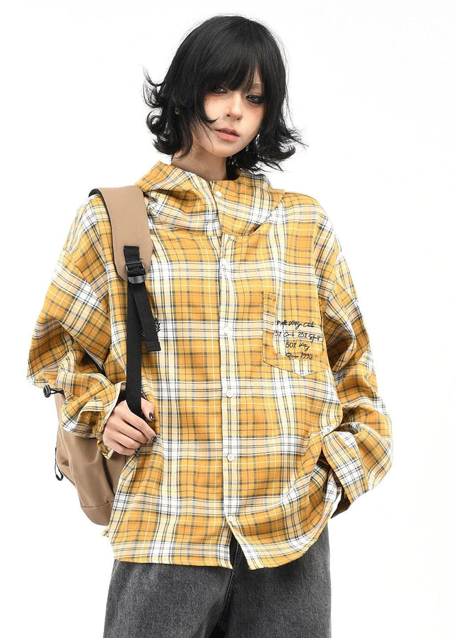 TALKLESSFASHION OV original American vintage plaid casual hooded shirt jacket men's and women's fall loose couple long sleeve shirt tide