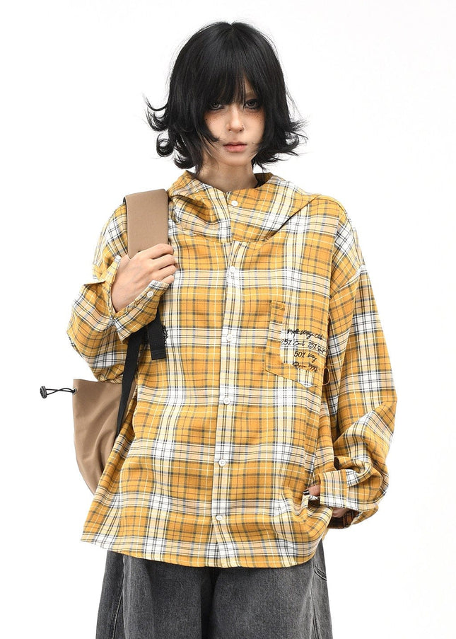 TALKLESSFASHION OV original American vintage plaid casual hooded shirt jacket men's and women's fall loose couple long sleeve shirt tide