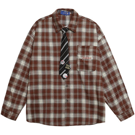 TALKLESSFASHION OV original American vintage plaid long sleeve shirt men's and women's autumn street loose tie badge design shirt trend