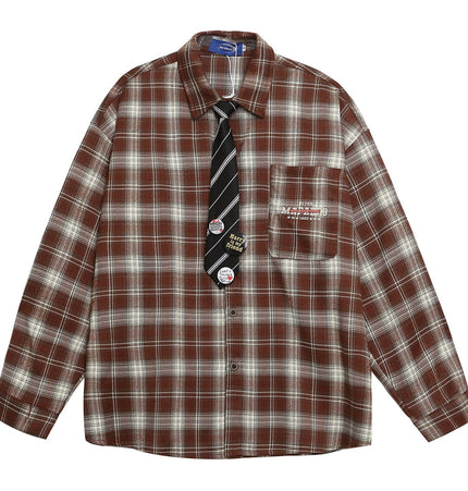 THETLSTUDIO OV original American vintage plaid long sleeve shirt men's and women's autumn street loose tie badge design shirt trend