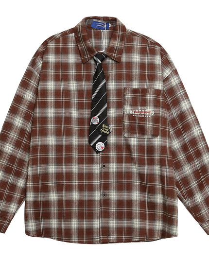 TALKLESSFASHION OV original American vintage plaid long sleeve shirt men's and women's autumn street loose tie badge design shirt trend