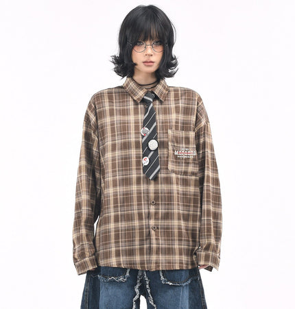 THETLSTUDIO OV original American vintage plaid long sleeve shirt men's and women's autumn street loose tie badge design shirt trend