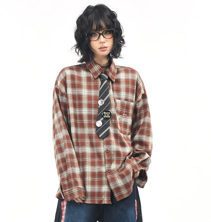 THETLSTUDIO OV original American vintage plaid long sleeve shirt men's and women's autumn street loose tie badge design shirt trend