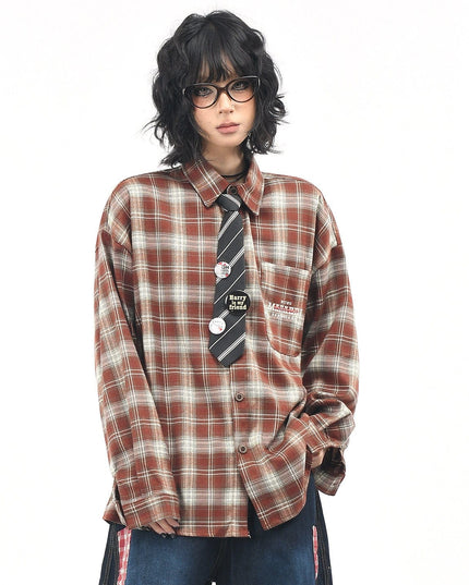 TALKLESSFASHION OV original American vintage plaid long sleeve shirt men's and women's autumn street loose tie badge design shirt trend