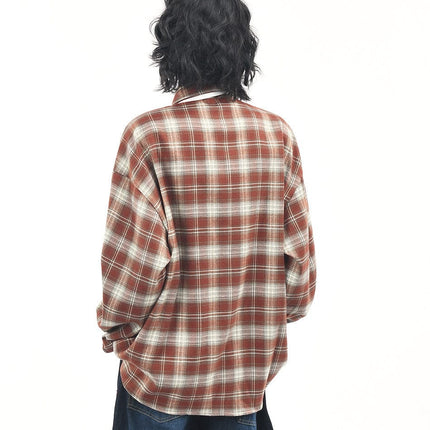 TALKLESSFASHION OV original American vintage plaid long sleeve shirt men's and women's autumn street loose tie badge design shirt trend
