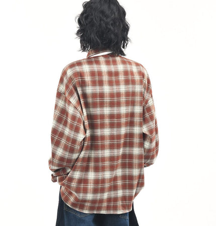 THETLSTUDIO OV original American vintage plaid long sleeve shirt men's and women's autumn street loose tie badge design shirt trend