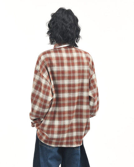 TALKLESSFASHION OV original American vintage plaid long sleeve shirt men's and women's autumn street loose tie badge design shirt trend