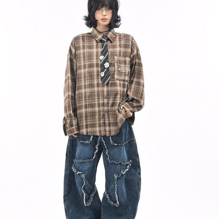 TALKLESSFASHION OV original American vintage plaid long sleeve shirt men's and women's autumn street loose tie badge design shirt trend