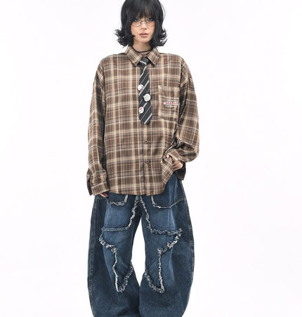 THETLSTUDIO OV original American vintage plaid long sleeve shirt men's and women's autumn street loose tie badge design shirt trend