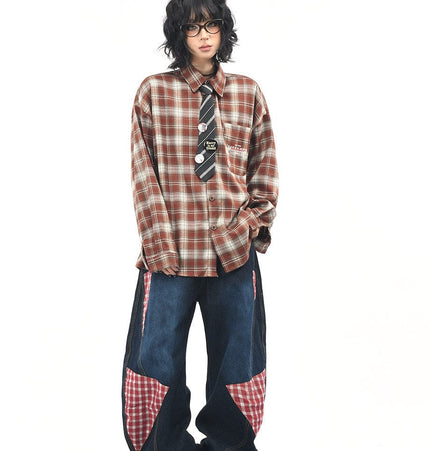 THETLSTUDIO OV original American vintage plaid long sleeve shirt men's and women's autumn street loose tie badge design shirt trend
