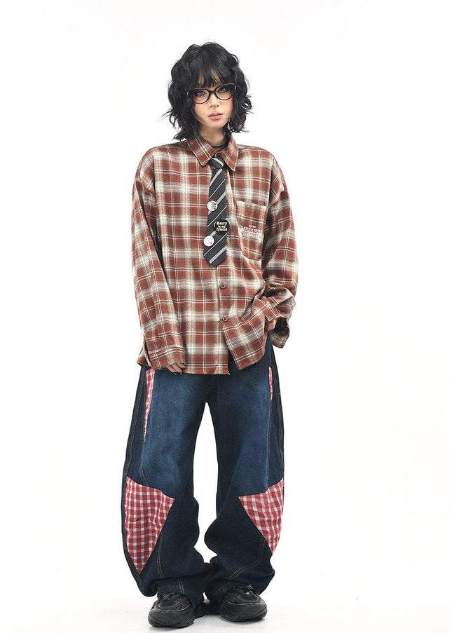 TALKLESSFASHION OV original American vintage plaid long sleeve shirt men's and women's autumn street loose tie badge design shirt trend