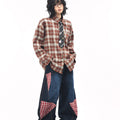 TALKLESSFASHION OV original American vintage plaid long sleeve shirt men's and women's autumn street loose tie badge design shirt trend