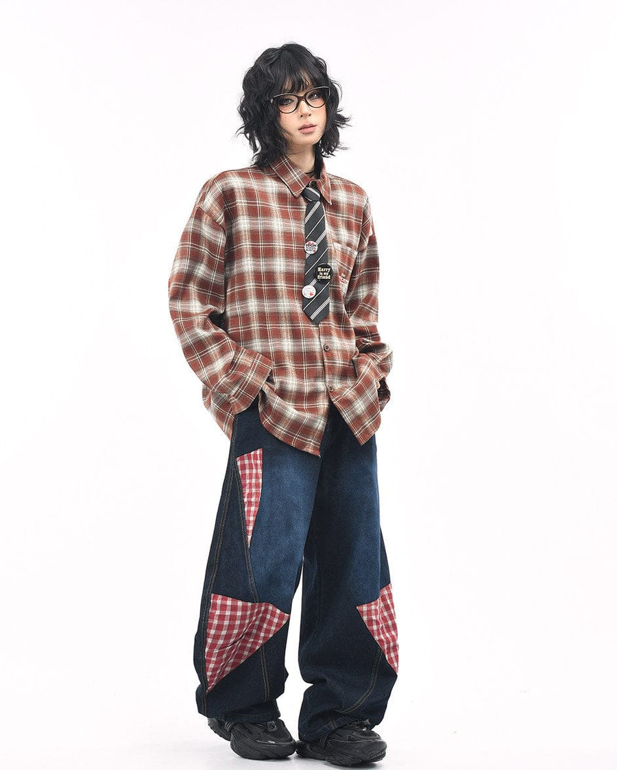 THETLSTUDIO OV original American vintage plaid long sleeve shirt men's and women's autumn street loose tie badge design shirt trend