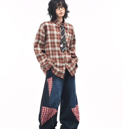 THETLSTUDIO OV original American vintage plaid long sleeve shirt men's and women's autumn street loose tie badge design shirt trend