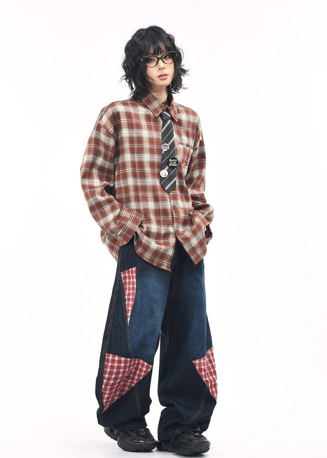 TALKLESSFASHION OV original American vintage plaid long sleeve shirt men's and women's autumn street loose tie badge design shirt trend