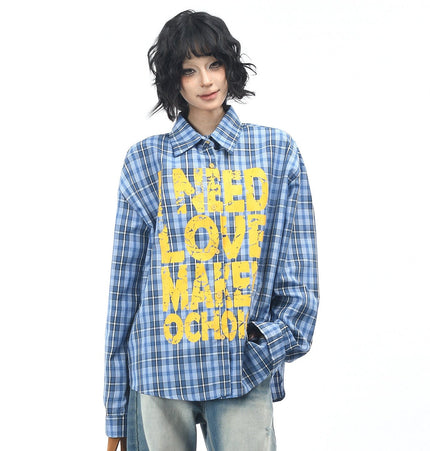 THETLSTUDIO OV original American vintage plaid mottled letter print long sleeve shirt men's and women's autumn loose casual shirt trend