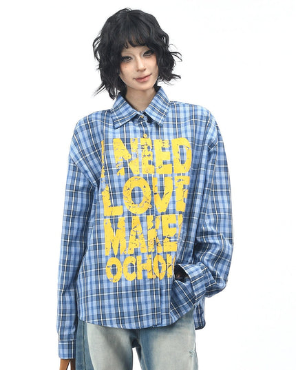 TALKLESSFASHION OV original American vintage plaid mottled letter print long sleeve shirt men's and women's autumn loose casual shirt trend