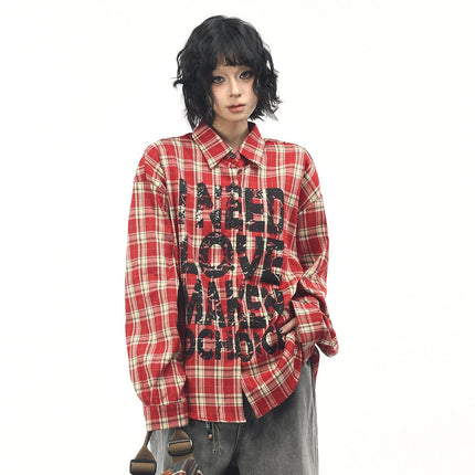 TALKLESSFASHION OV original American vintage plaid mottled letter print long sleeve shirt men's and women's autumn loose casual shirt trend