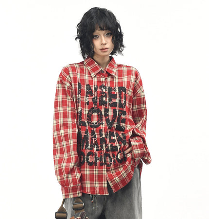 THETLSTUDIO OV original American vintage plaid mottled letter print long sleeve shirt men's and women's autumn loose casual shirt trend