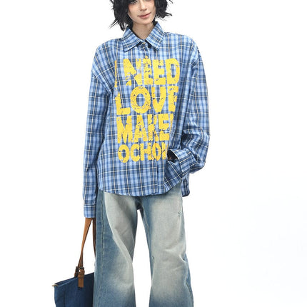 TALKLESSFASHION OV original American vintage plaid mottled letter print long sleeve shirt men's and women's autumn loose casual shirt trend
