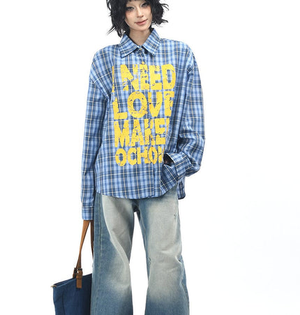 THETLSTUDIO OV original American vintage plaid mottled letter print long sleeve shirt men's and women's autumn loose casual shirt trend