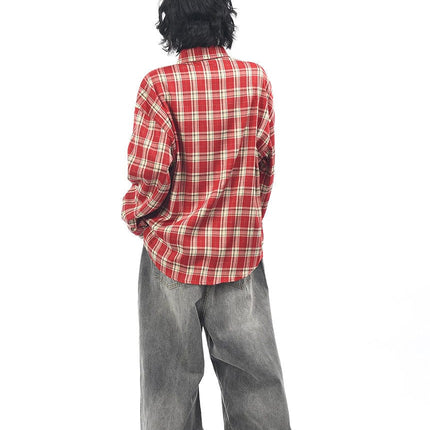 TALKLESSFASHION OV original American vintage plaid mottled letter print long sleeve shirt men's and women's autumn loose casual shirt trend