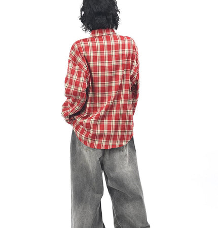 THETLSTUDIO OV original American vintage plaid mottled letter print long sleeve shirt men's and women's autumn loose casual shirt trend