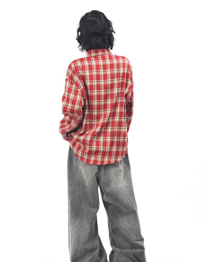 TALKLESSFASHION OV original American vintage plaid mottled letter print long sleeve shirt men's and women's autumn loose casual shirt trend