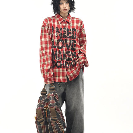 TALKLESSFASHION OV original American vintage plaid mottled letter print long sleeve shirt men's and women's autumn loose casual shirt trend