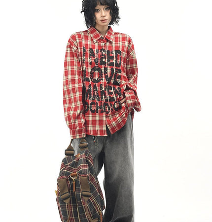 THETLSTUDIO OV original American vintage plaid mottled letter print long sleeve shirt men's and women's autumn loose casual shirt trend
