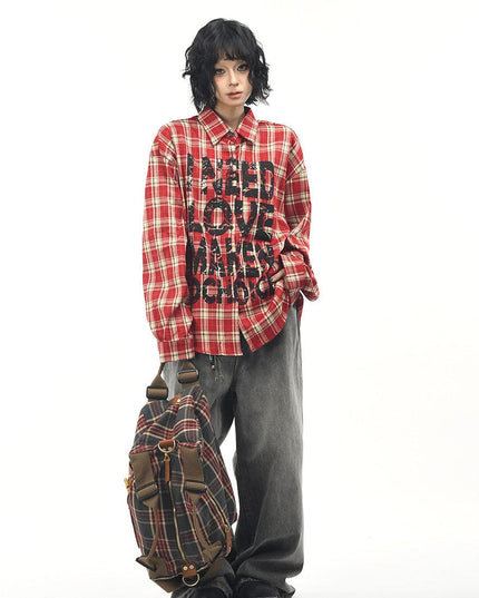 TALKLESSFASHION OV original American vintage plaid mottled letter print long sleeve shirt men's and women's autumn loose casual shirt trend