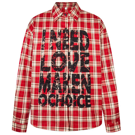 TALKLESSFASHION OV original American vintage plaid mottled letter print long sleeve shirt men's and women's autumn loose casual shirt trend