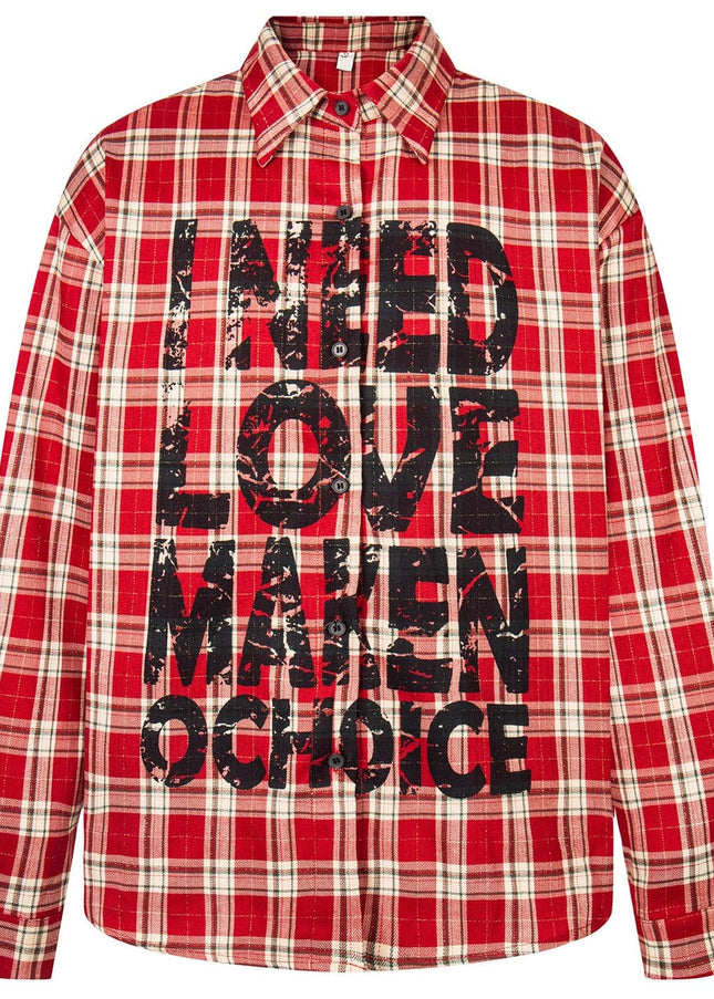 TALKLESSFASHION OV original American vintage plaid mottled letter print long sleeve shirt men's and women's autumn loose casual shirt trend