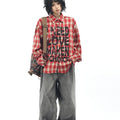 TALKLESSFASHION OV original American vintage plaid mottled letter print long sleeve shirt men's and women's autumn loose casual shirt trend