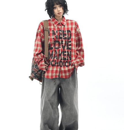 THETLSTUDIO OV original American vintage plaid mottled letter print long sleeve shirt men's and women's autumn loose casual shirt trend