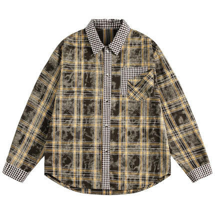 TALKLESSFASHION OV original American vintage plaid patchwork couple long sleeve shirt men's and women's autumn street loose casual shirt trend