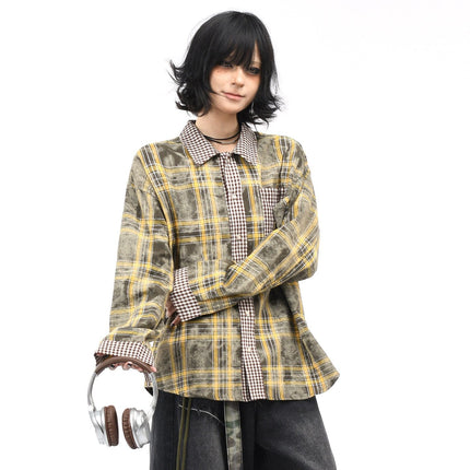TALKLESSFASHION OV original American vintage plaid patchwork couple long sleeve shirt men's and women's autumn street loose casual shirt trend