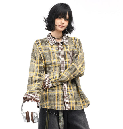 THETLSTUDIO OV original American vintage plaid patchwork couple long sleeve shirt men's and women's autumn street loose casual shirt trend