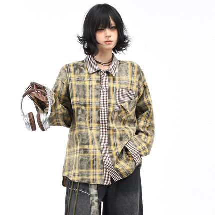 TALKLESSFASHION OV original American vintage plaid patchwork couple long sleeve shirt men's and women's autumn street loose casual shirt trend