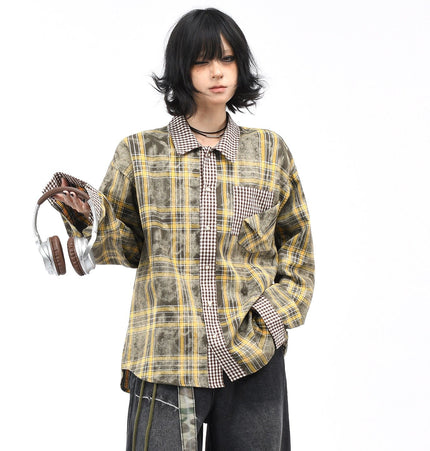 THETLSTUDIO OV original American vintage plaid patchwork couple long sleeve shirt men's and women's autumn street loose casual shirt trend
