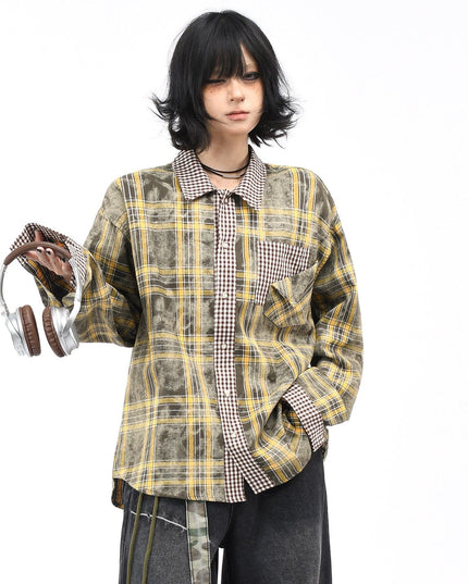 TALKLESSFASHION OV original American vintage plaid patchwork couple long sleeve shirt men's and women's autumn street loose casual shirt trend