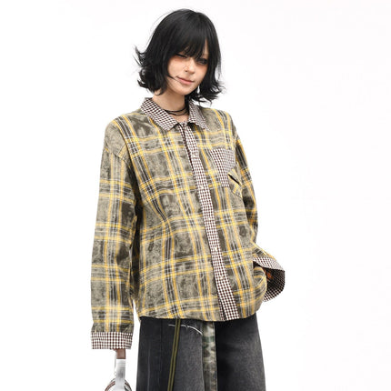TALKLESSFASHION OV original American vintage plaid patchwork couple long sleeve shirt men's and women's autumn street loose casual shirt trend