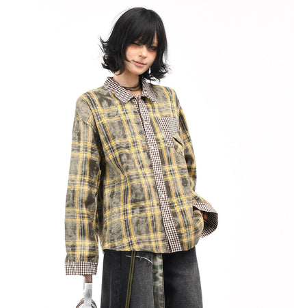THETLSTUDIO OV original American vintage plaid patchwork couple long sleeve shirt men's and women's autumn street loose casual shirt trend