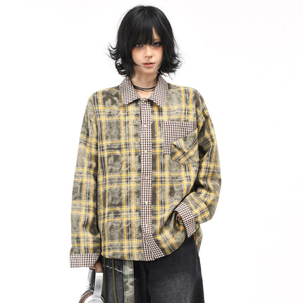 TALKLESSFASHION OV original American vintage plaid patchwork couple long sleeve shirt men's and women's autumn street loose casual shirt trend
