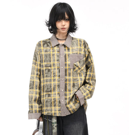 THETLSTUDIO OV original American vintage plaid patchwork couple long sleeve shirt men's and women's autumn street loose casual shirt trend
