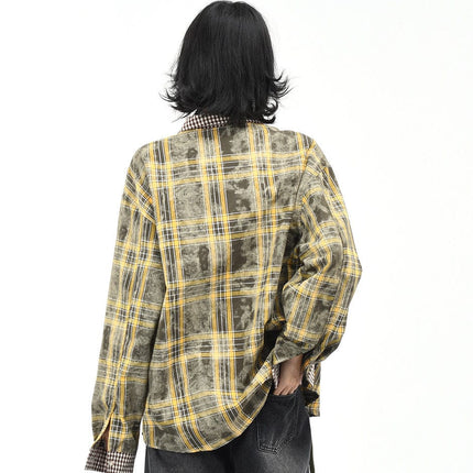 TALKLESSFASHION OV original American vintage plaid patchwork couple long sleeve shirt men's and women's autumn street loose casual shirt trend
