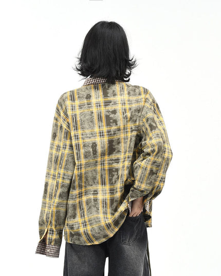 TALKLESSFASHION OV original American vintage plaid patchwork couple long sleeve shirt men's and women's autumn street loose casual shirt trend