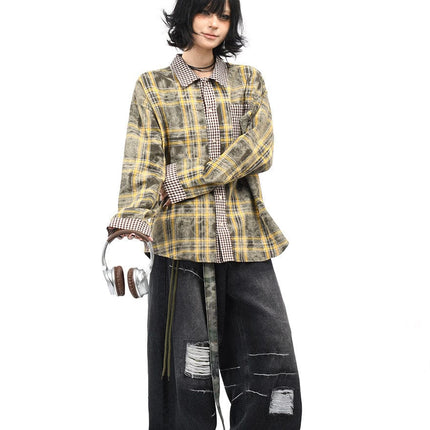 TALKLESSFASHION OV original American vintage plaid patchwork couple long sleeve shirt men's and women's autumn street loose casual shirt trend