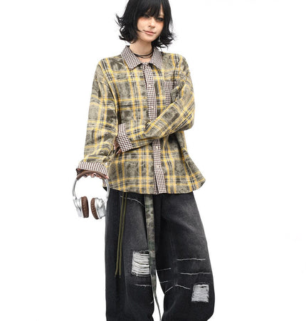 THETLSTUDIO OV original American vintage plaid patchwork couple long sleeve shirt men's and women's autumn street loose casual shirt trend